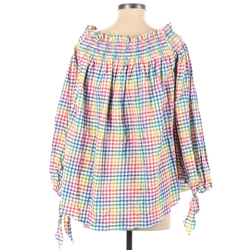 CAROLINE CONSTAS Lou off the shoulder gingham seersucker blouse top in rainbow S - Picture 2 of 7